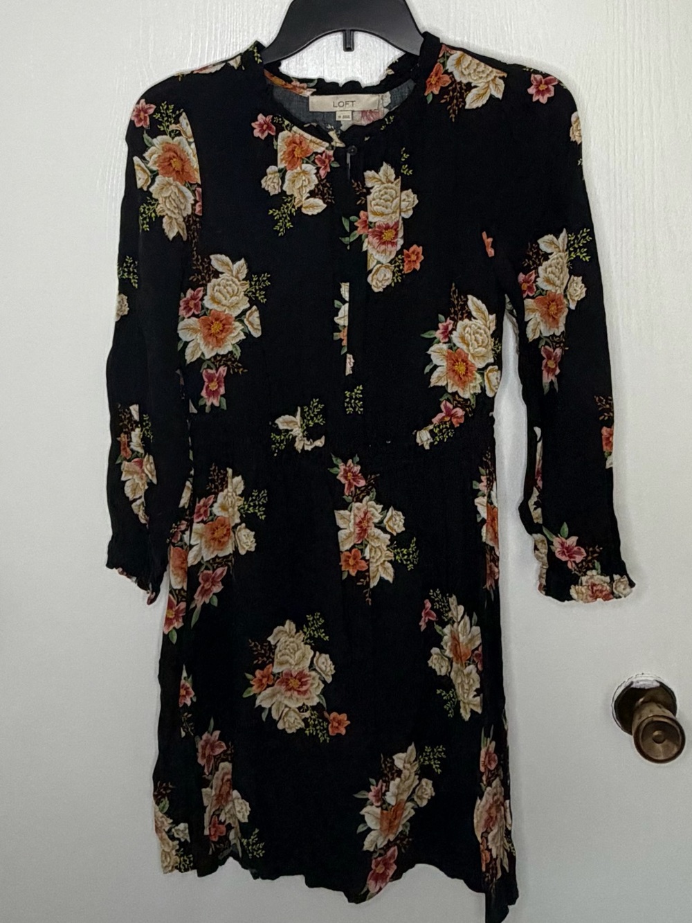 LOFT Black Floral Long Sleeve Midi Dress